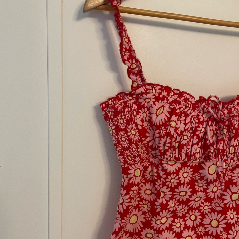 Free People Lucinda Tomato Daisy Midi Dress Lace Up Back Size M Spaghetti Straps - Picture 7 of 13